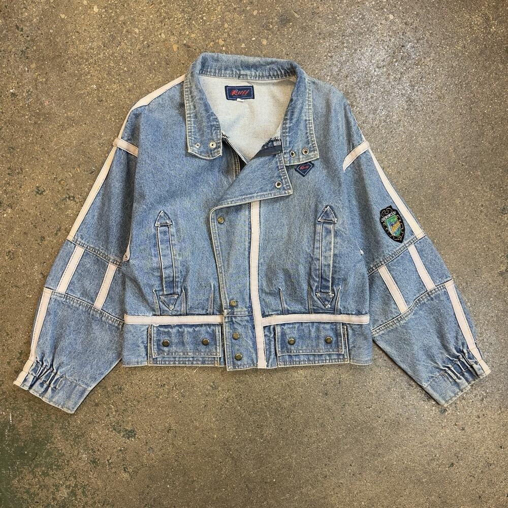 Vintage 90s Razzy Frontier Mode Cropped Acid Wash Denim Jacket Patches Moto S